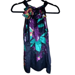 TAHARI Women's 100% Silk Halter Floral Top Size Small Tie Back Keyhole